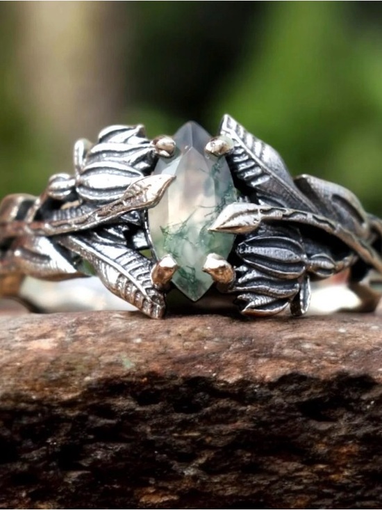 Jewelry - NIB 925 Sterling Moss Agate Silve Branches Ring, US size 8.5. Never worn